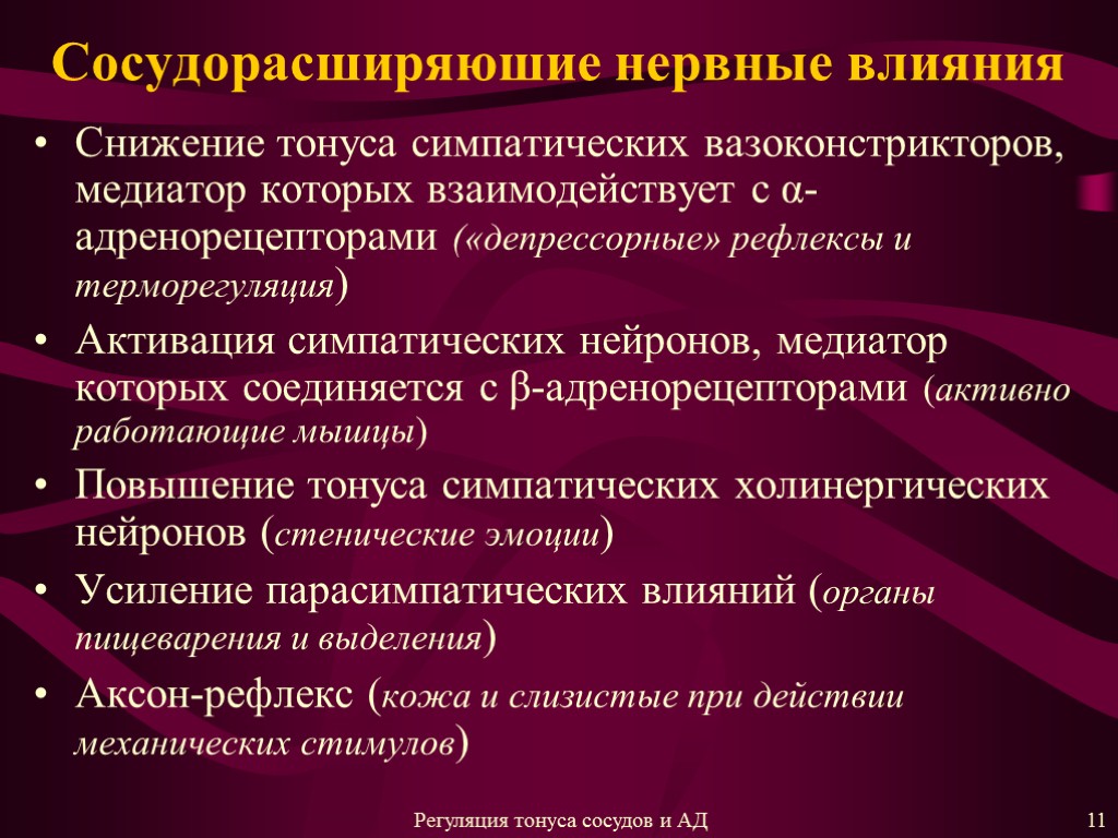 Сосудорасширяюшие нервные влияния Снижение тонуса симпатических вазоконстрикторов, медиатор которых взаимодействует с α-адренорецепторами («депрессорные» рефлексы